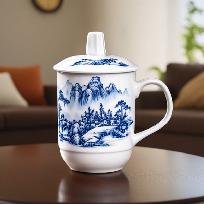 2026爆款水杯陶瓷茶杯有盖青花瓷陶瓷水杯带盖办公会议杯定制杯子