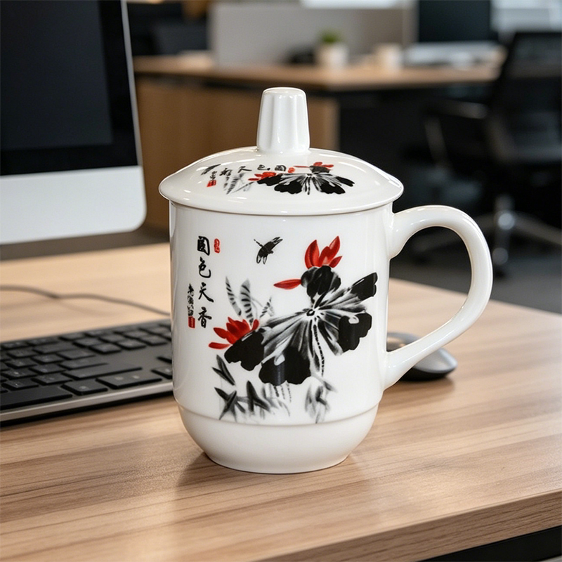 景德镇新款老式茶杯陶瓷水杯桃花办公会议杯家用待客爆款全瓷杯子