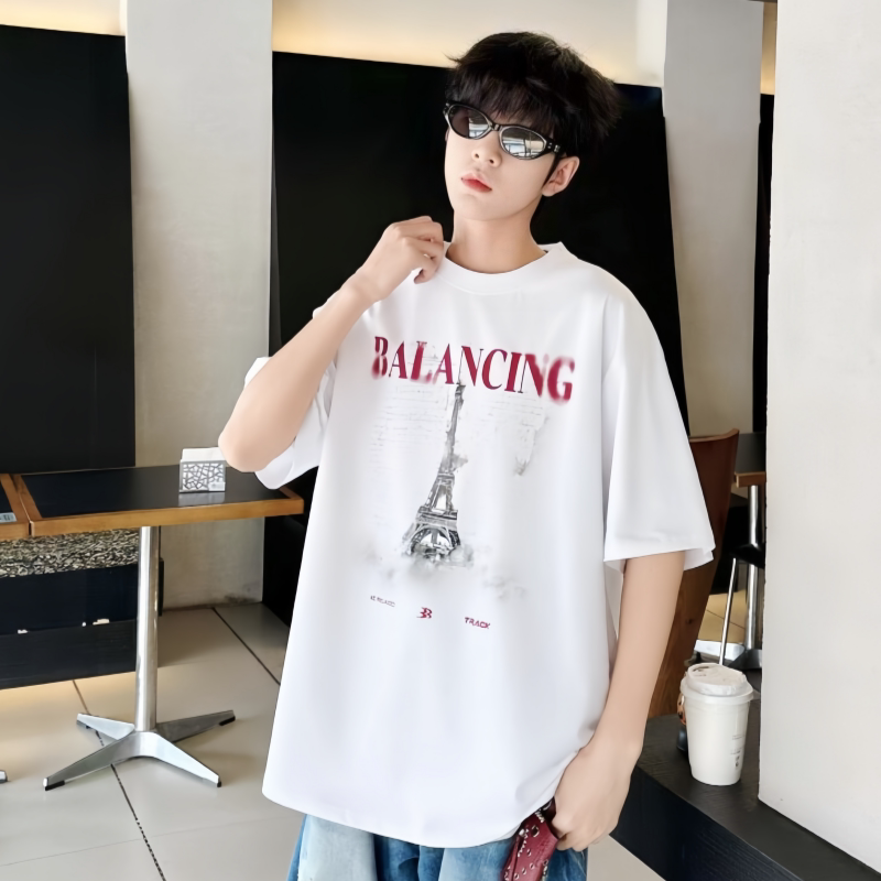 沐吉潮社夏款2026男大童国潮铁塔印花短袖少年装学生时尚休闲半袖