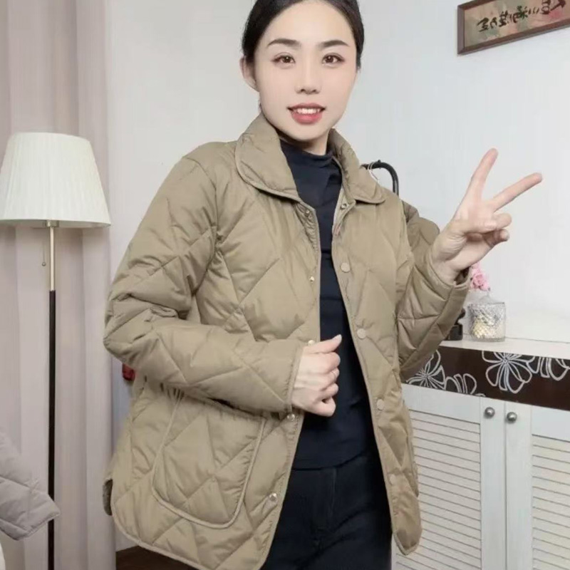 翻领棉服女2025秋冬季棉衣保暖菱形格轻便棉袄中年妈妈中老年外套