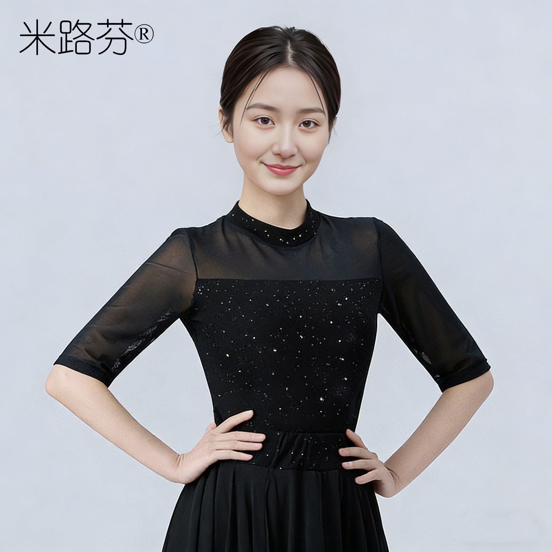 新款广场舞上衣女中袖古典舞蹈服装烫钻长袖黑色演出服练功服春夏
