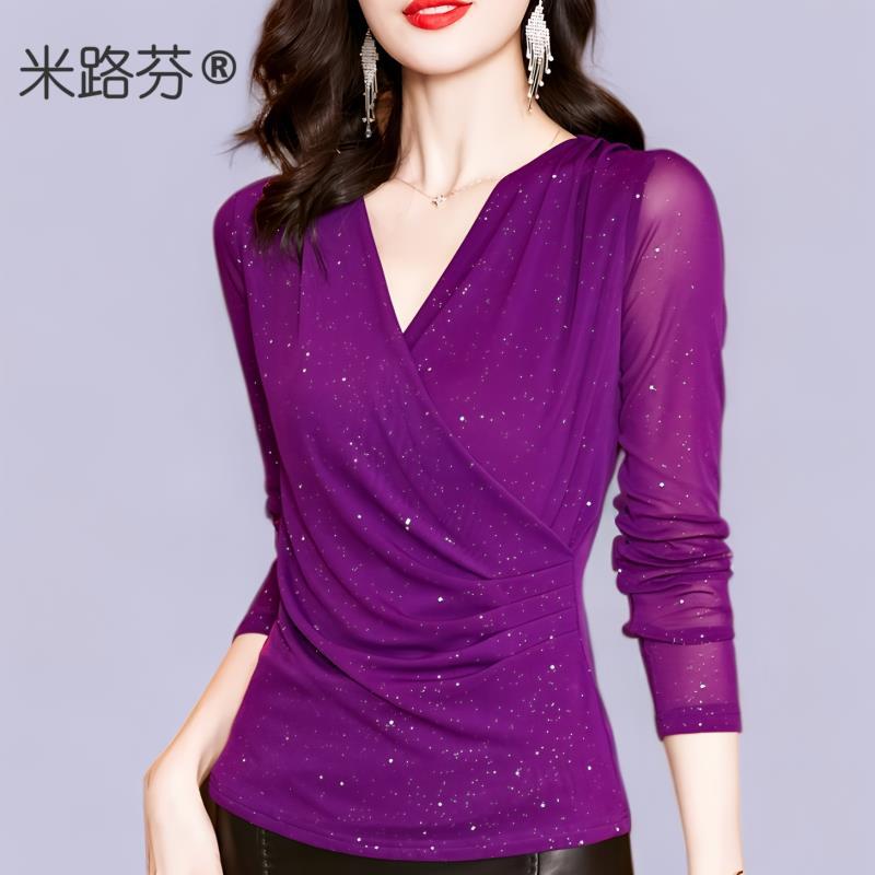 春秋洋气小衫网纱t恤运动健身跳舞上衣外穿长袖打底衫女士内搭