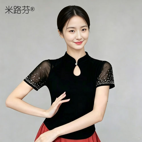 夏季新款古典舞时尚舞蹈练功气质跳舞上衣带钻短袖古典舞广场舞服