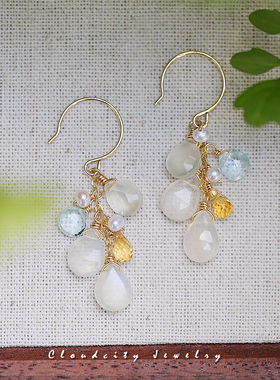 Cloudcity白羽 原创设计精致温柔女白月光石珍珠14K注金手作耳环