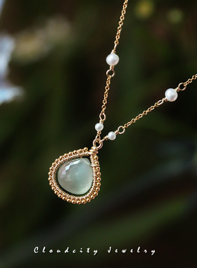 手作波点花边灰月光14K注金项链