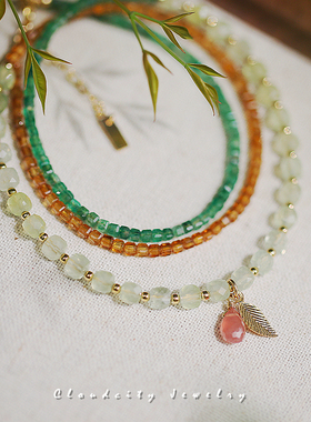 Cloudcity原创设计自然灵感草莓晶橙石榴石葡萄石14K注金多圈手链