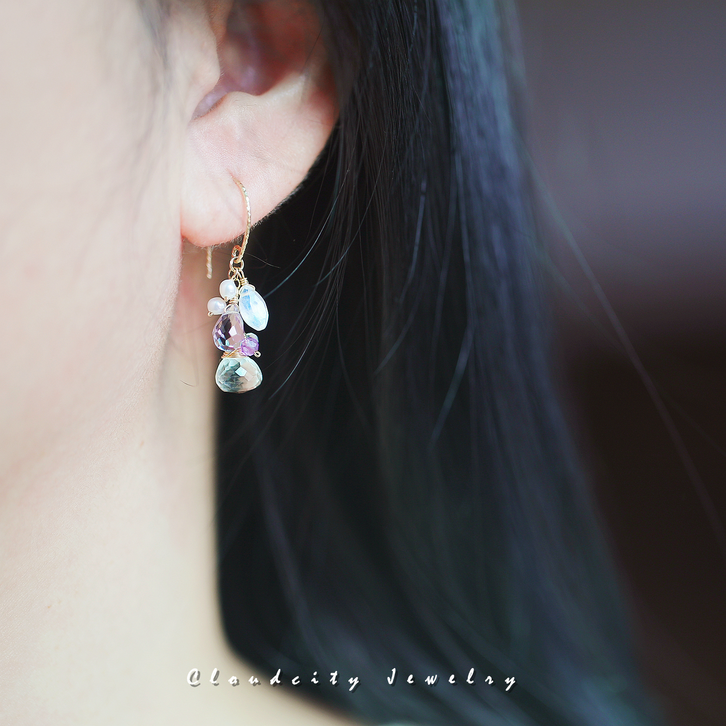 溪夜Cloudcity原创晶石设计清透灵动绿紫晶月光石14K注金手作耳环