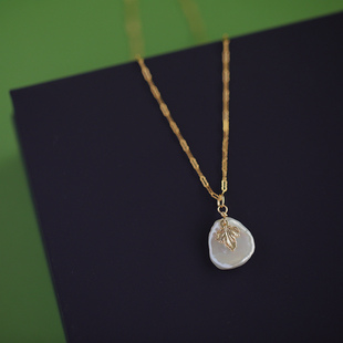 原创小众设计 简约气质花瓣巴洛克珍珠14K包金短项链 江浙沪包邮