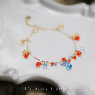 Cloudcity海霞 原创设计托帕石玉髓黄水晶珍珠女14K注金手作手链