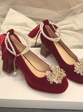 绝美新娘主婚鞋红色绒面玛丽珍鞋粗跟不累脚厚底秀禾服中式高跟鞋