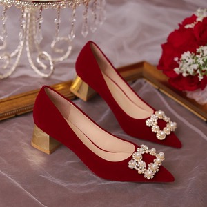 爆款婚鞋女粗跟红色禾秀婚纱两穿结婚高跟鞋孕妇秀禾服中式新娘鞋