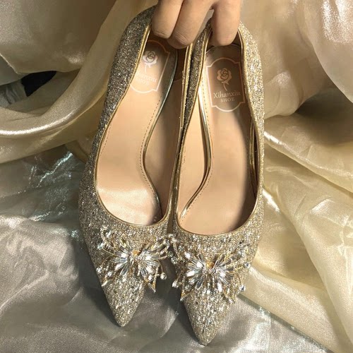 优雅水钻蝴蝶结高跟鞋女主婚纱秀禾两穿新娘婚鞋绝美不累脚水晶鞋