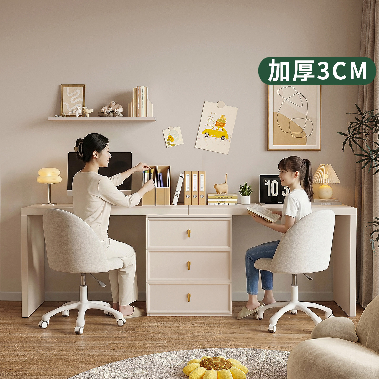 双人书桌卧室家用电脑桌化妆台一体桌实木学生学习桌转角桌办公桌