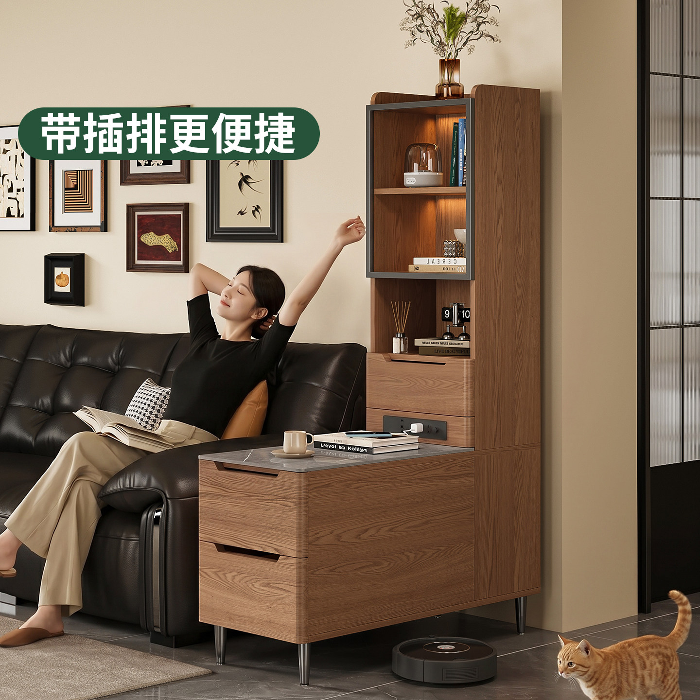 实木边几中古风沙发边柜侧边柜带插座置物架边桌客厅茶水柜小桌子