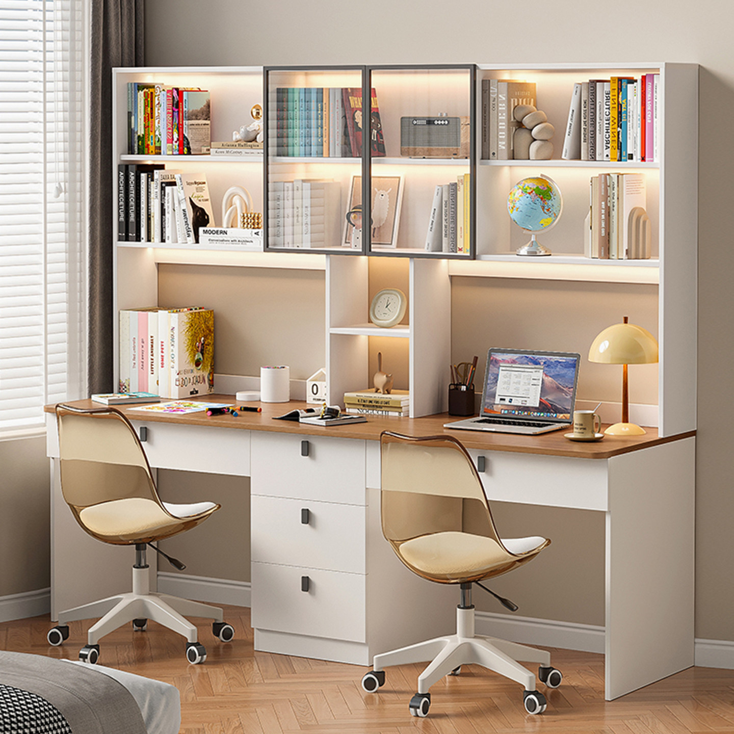 双人书桌书架一体桌子书柜靠墙电脑桌卧室家用学生学习桌写字桌,住宅家具,书桌,淘宝优惠券,粉丝福利购,淘宝优惠卷