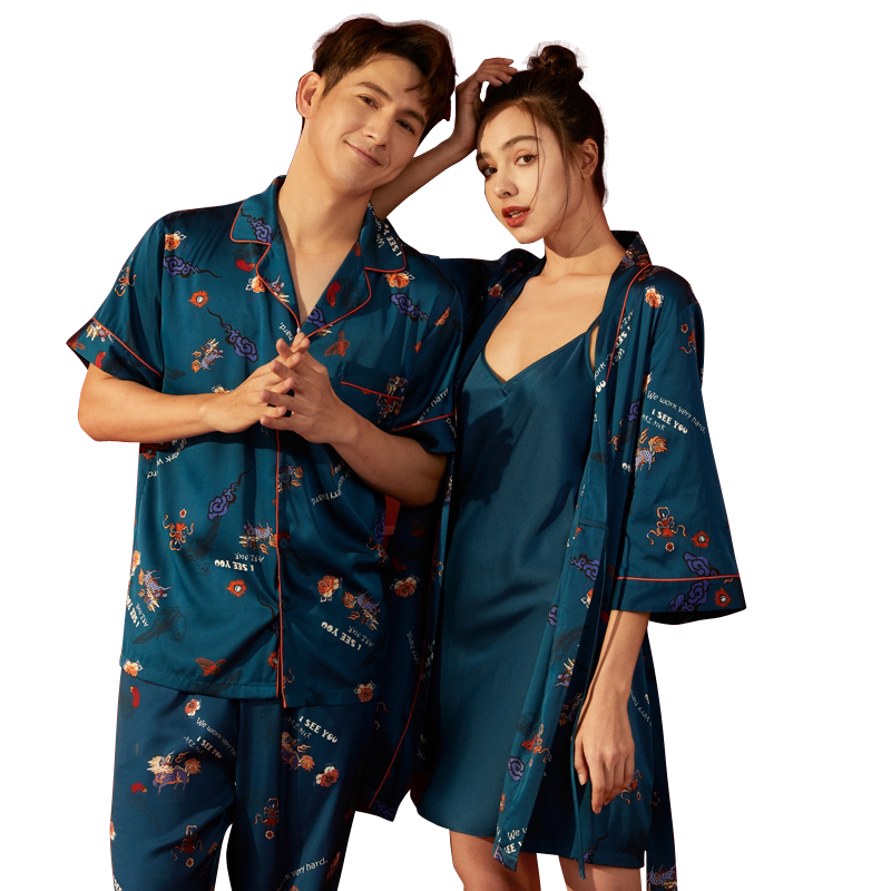 碧美妮红色男女薄款春夏情侣套装睡衣性感中国风丝绸仿真丝622005
