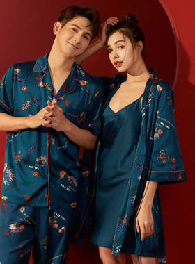 碧美妮红色男女薄款春夏情侣套装睡衣性感中国风丝绸仿真丝622005