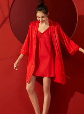 碧美妮女红色春夏性感婚庆结婚丝绸睡衣吊带睡裙薄款伴娘装622002