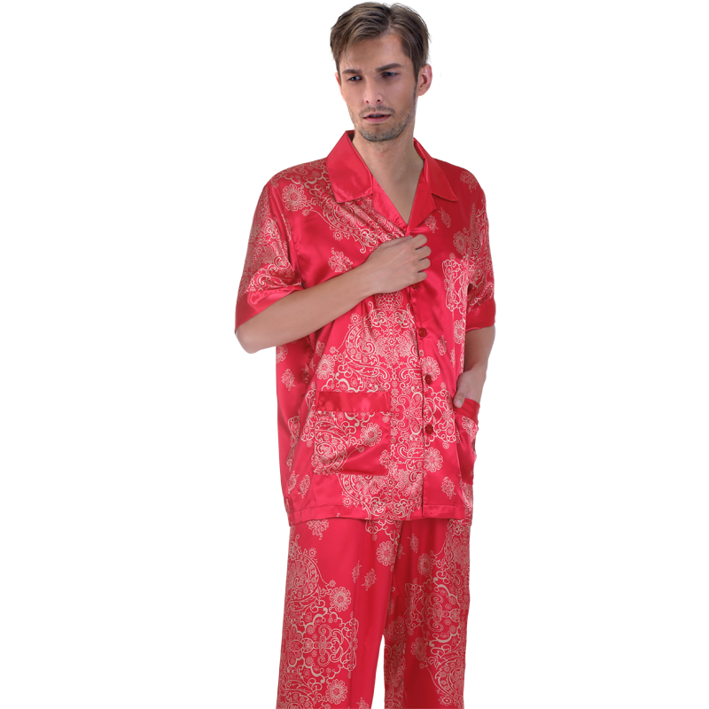 情侣灰色印花男士丝绸短袖家居服