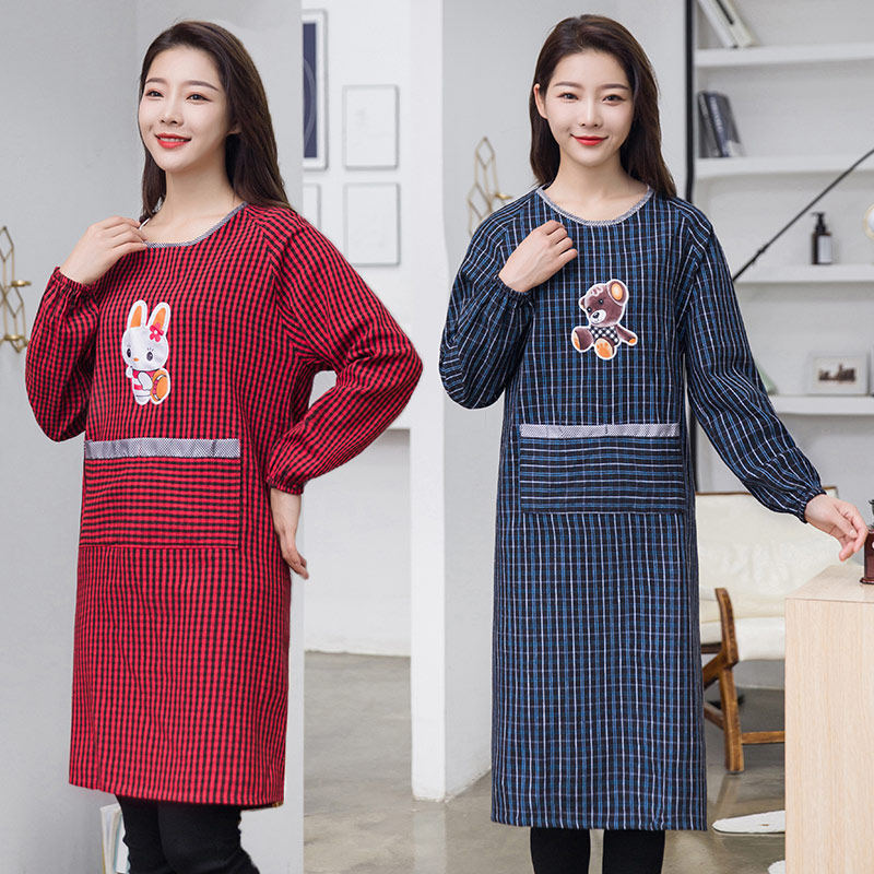 加大长款纯棉老粗布厨房有袖围裙罩衣女男士加肥上班工作干活衣服