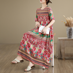 2026初夏穿搭高档棉绸连衣裙妈妈三亚度假沙滩裙波西米亚飘逸长裙