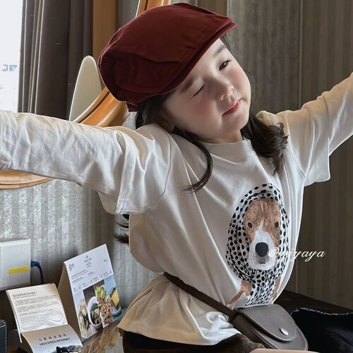 Yiyaya 女童白色小狗长袖t恤女秋款女款设计感宽松大版纯棉