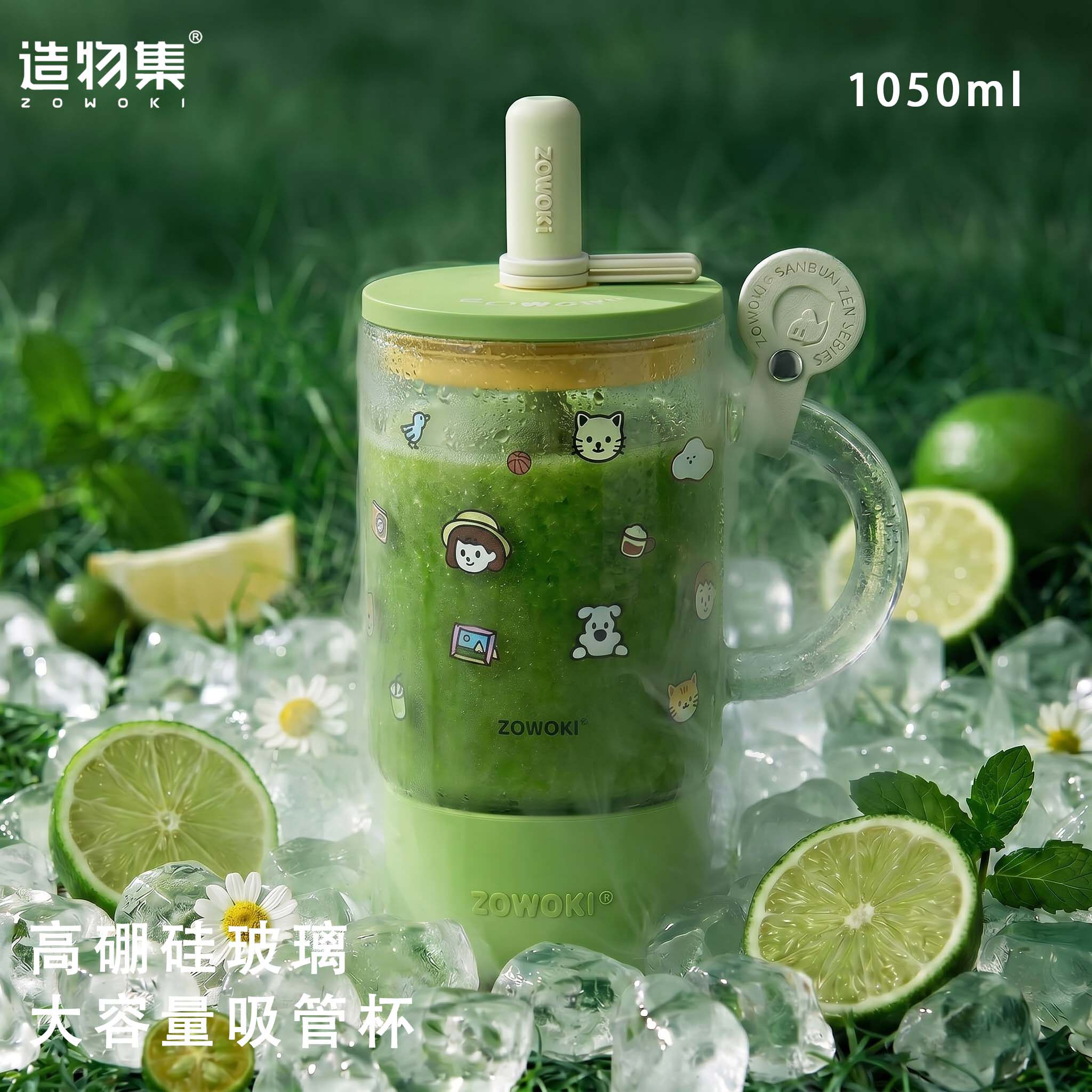 造物集夏日高硼硅玻璃杯女生高颜值杯子大容量吸管杯办公室花茶杯