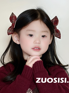 新年酒红色格纹儿童侧边对夹 宝宝过年头饰红色丝绒BB发夹