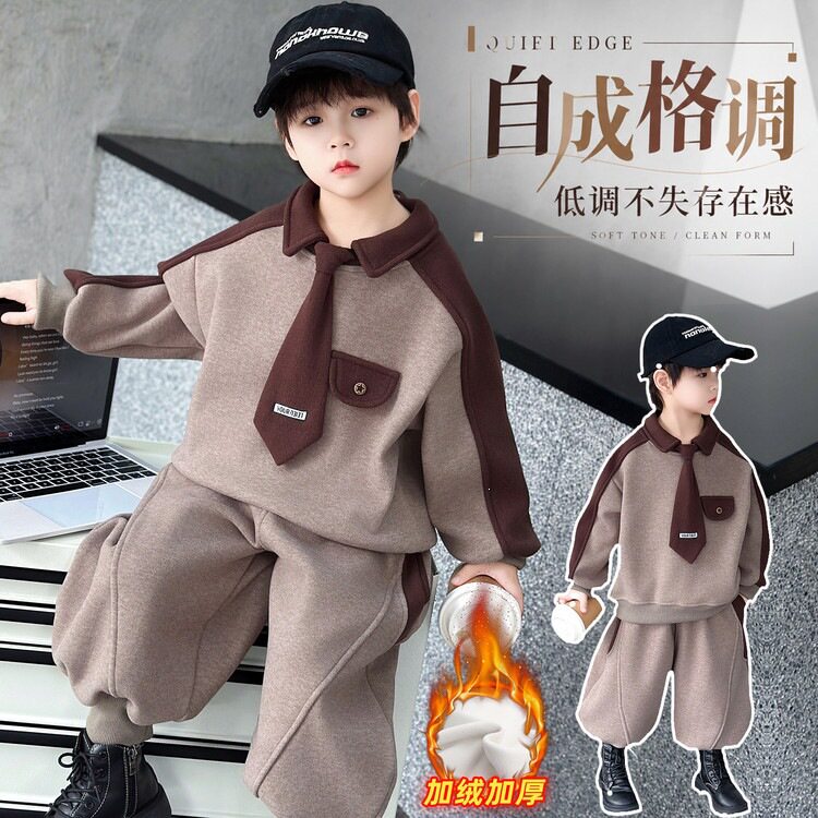 男童冬装加绒卫衣套装韩版儿童一体绒帅气运动两件套中小童衣服潮