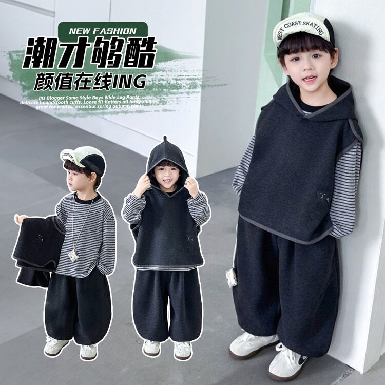 儿童装男童春秋季套装韩版小男孩连帽马甲三件套宝宝洋气衣服外贸