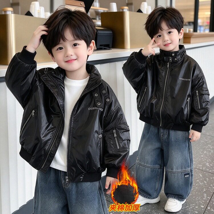 男童冬装亮面皮衣夹棉外套韩版儿童帅气机车服夹克中小童上衣外贸