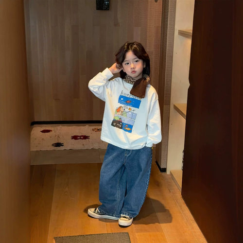 2026秋季新款韩版儿童趣味印花T恤男女童百搭袖子收口圆领长袖潮