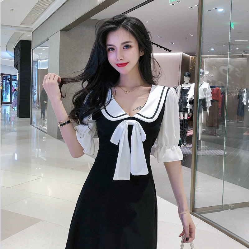 夏季女士连衣裙裙子V领修身收腰a字气质显瘦翻灯笼短袖小翻领