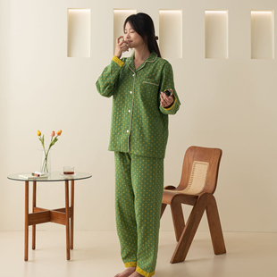家居服套男装 日式 长裤 长袖 纯棉可外穿 全棉双层纱睡衣女春秋款