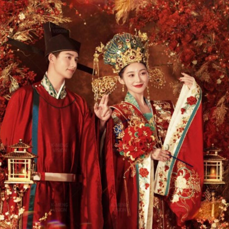 国色流芳宋制新娘结婚礼服影楼中式婚纱照服装情侣写真汉服婚纱照