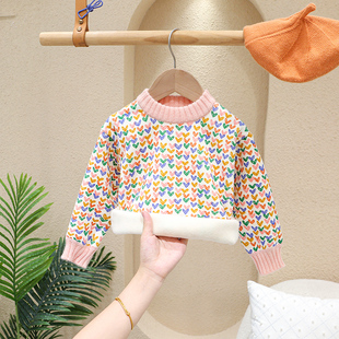 女童毛衣加绒针织衫秋冬新款宝宝加厚打底衫套头中小儿童圆领上衣