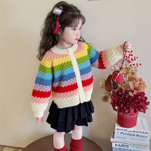儿童毛衣开衫彩虹2026春秋新款女童加厚男童条纹宝宝洋气圆领外套