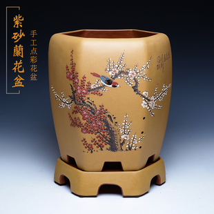 紫砂兰花盆轻奢高级感家用六角陶瓷大号彩绘君子兰花盆客厅盆景盆