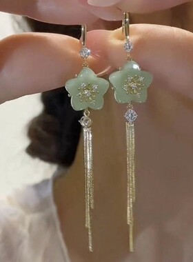 小清新长款绿色花朵流苏耳环