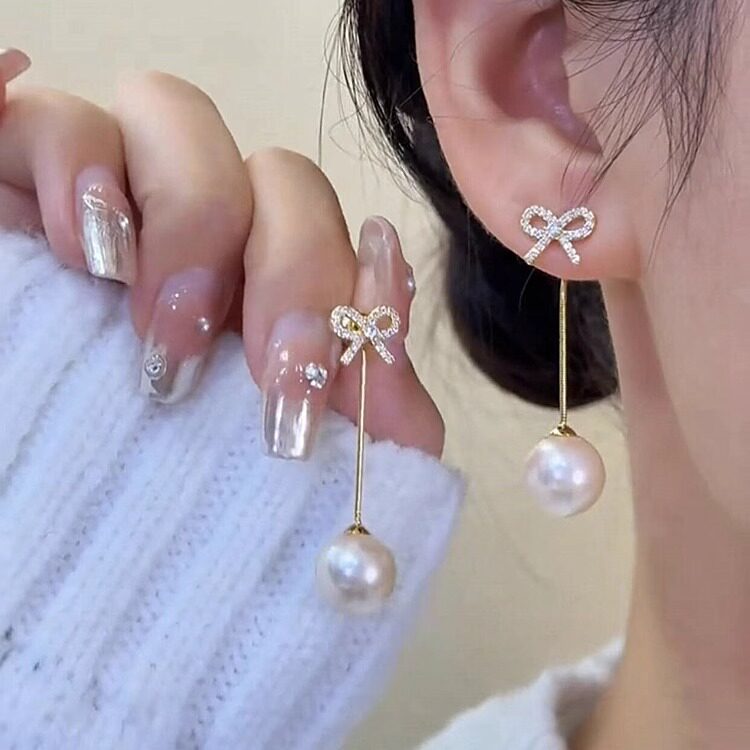 两戴款蝴蝶结流苏珍珠耳环甜美