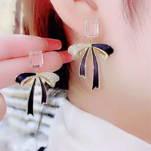 春夏新款黑色蝴蝶结水晶长款耳环日韩高级感轻奢气质流苏耳饰潮女