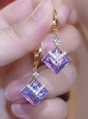 精致轻奢紫色方块水晶耳环女高级感满钻耳扣气质优雅百搭银针耳饰