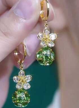 轻奢时尚绿色锆石球花朵耳扣小众高级感百搭耳环气质网红超仙耳饰