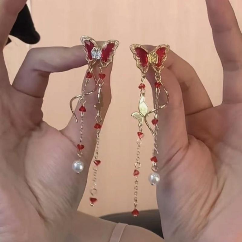 红水晶蝴蝶珍珠长款流苏耳环