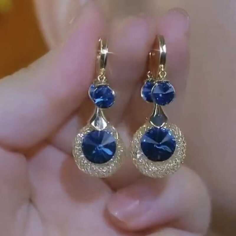 蓝色水晶金丝网状水滴耳环女