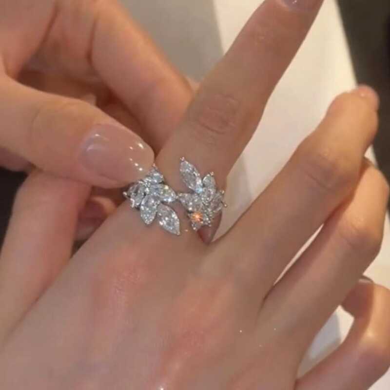 高级感超闪锆石树叶开口戒指女
