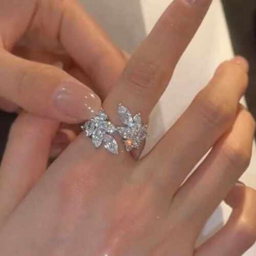 高级感超闪锆石树叶开口戒指女