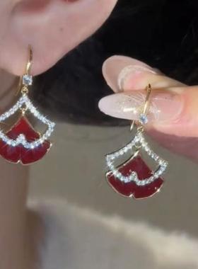 复古双层新中式红色银杏叶耳环女高级感大气耳饰个性时尚百搭耳钉