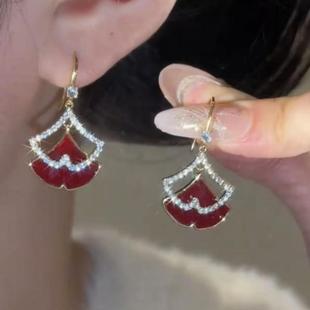复古双层新中式红色银杏叶耳环女高级感大气耳饰个性时尚百搭耳钉