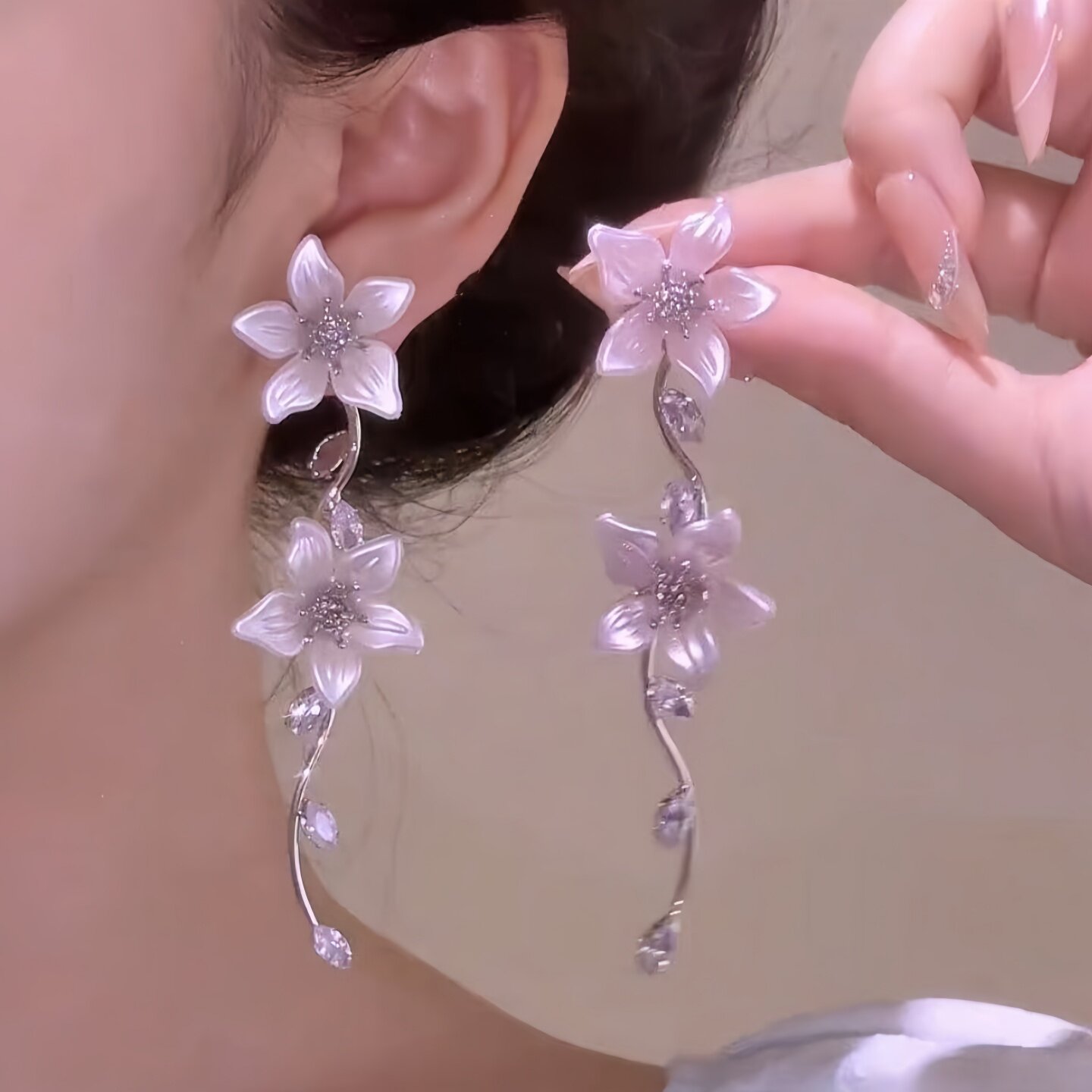 纯银针超仙甜美粉色花朵流苏耳环